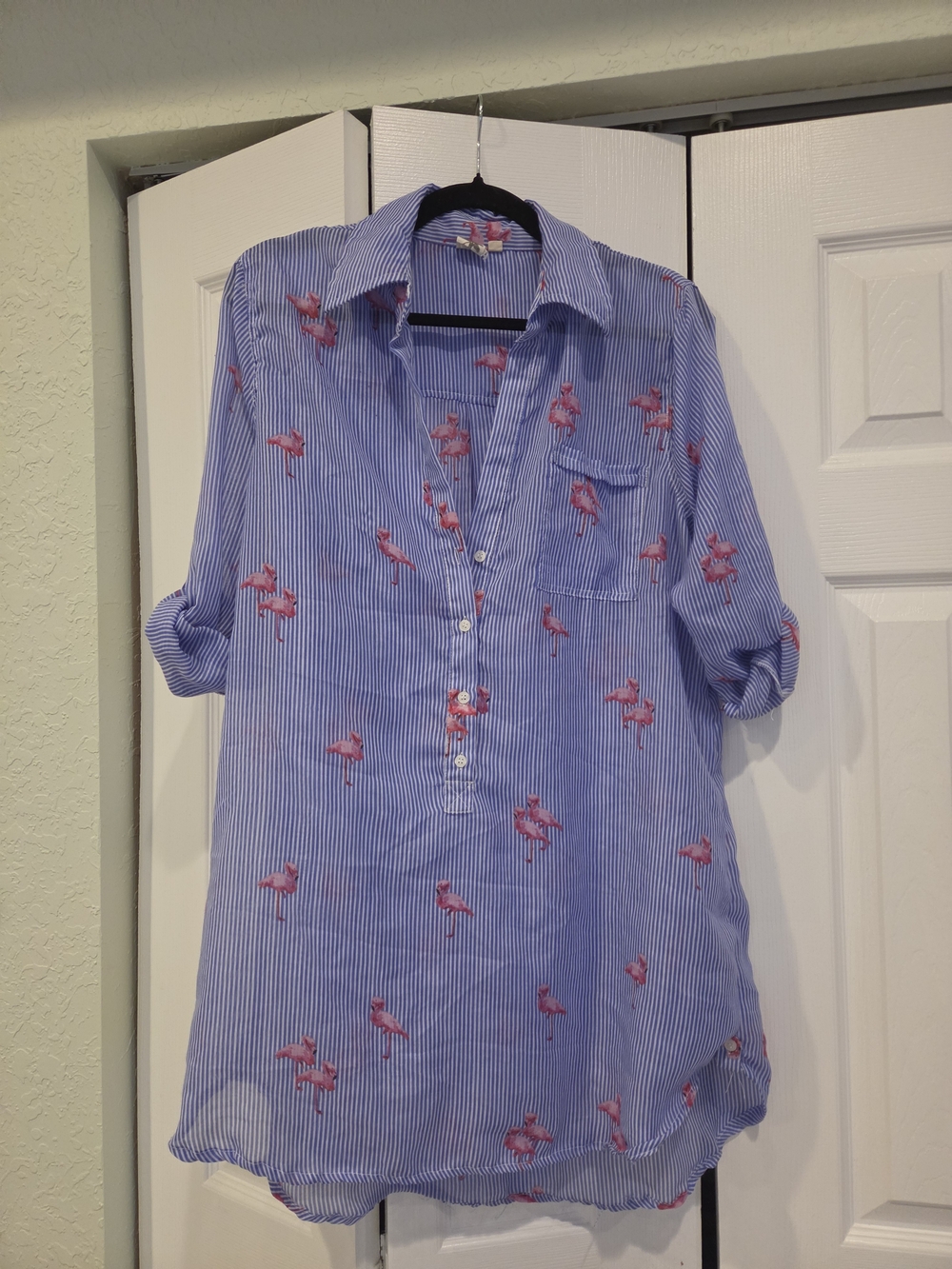 🦩Blue Striped Light Weight Beach Cover-up/ Tunic with Pink Flamingo Print